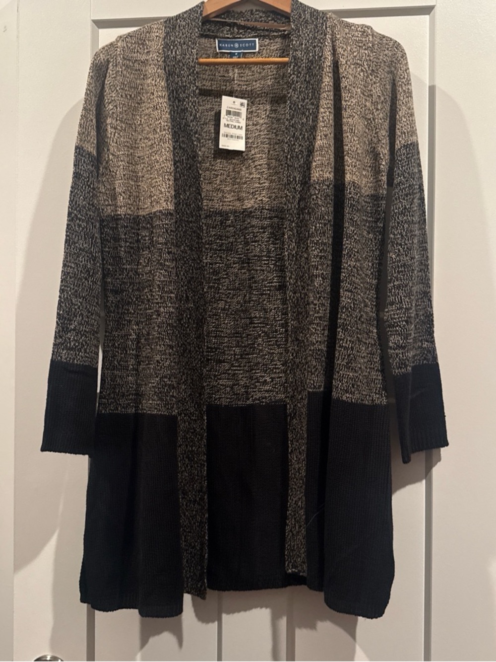 Karen Scott Two-Tone Black and Cream Open Front Cardigan